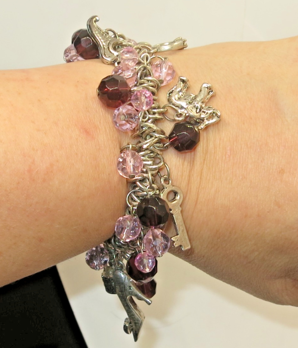 Vintage Silver Tone Stretch Charm Bracelet Purple Cool Charms